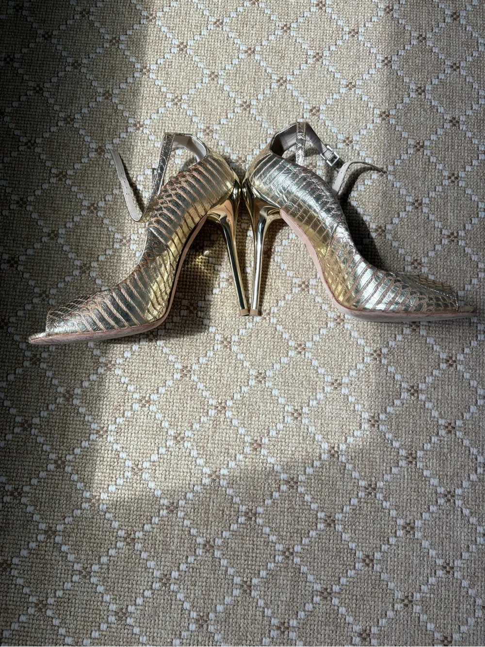 Brian Atwood Metallic Gold Peep-Toe Slingback Heels